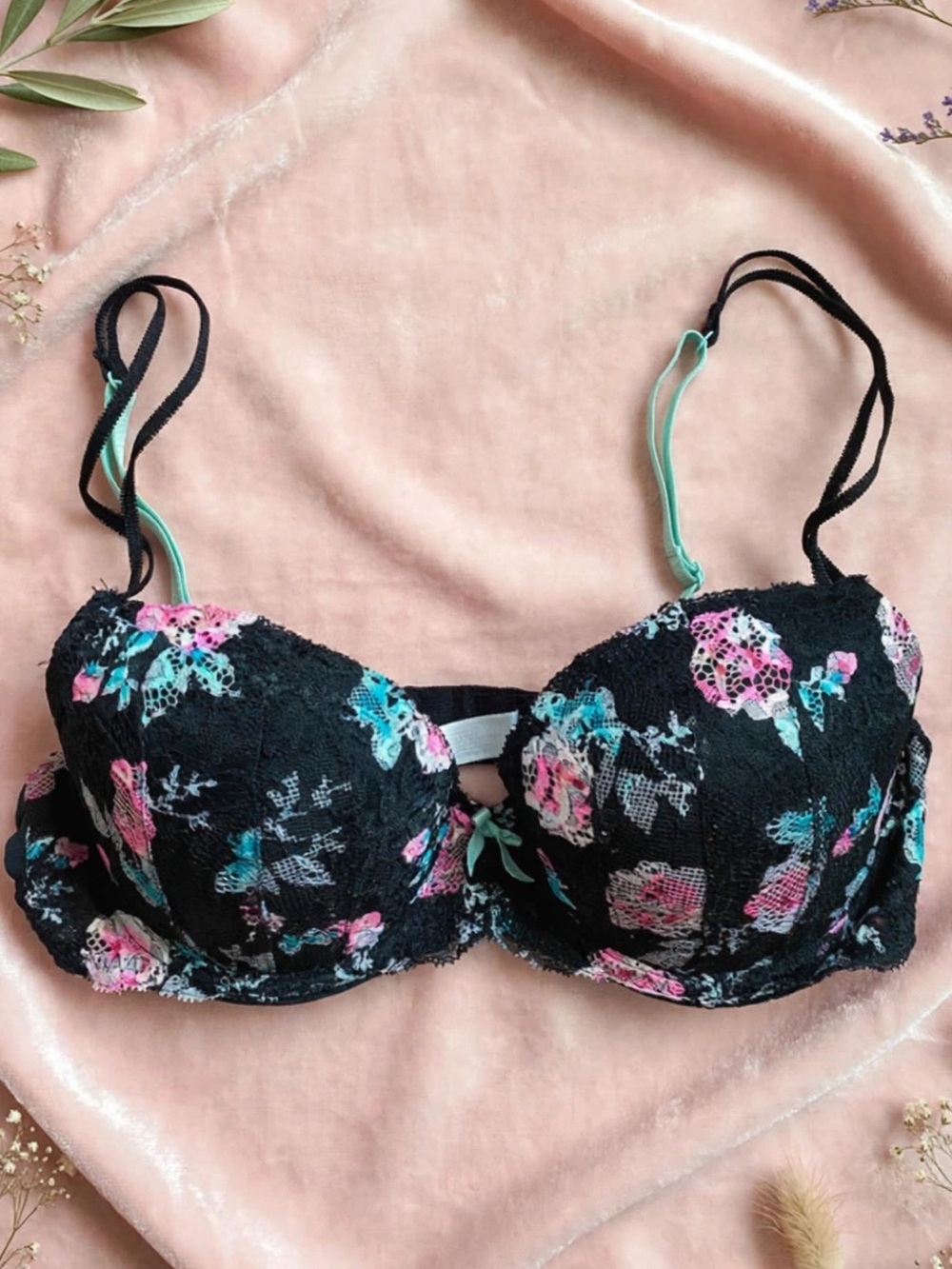 ‼️2/$5 Candie's Black Lace Bra with Pink & Teal Floral Print